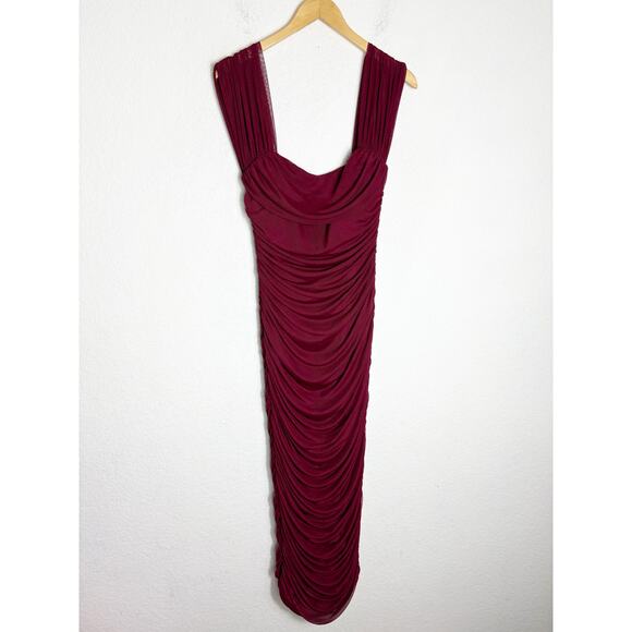 NWT Baltic Born Alessandra Mesh Midi Dress Size Large Burgundy Ruched Wedding - Picture 3 of 14